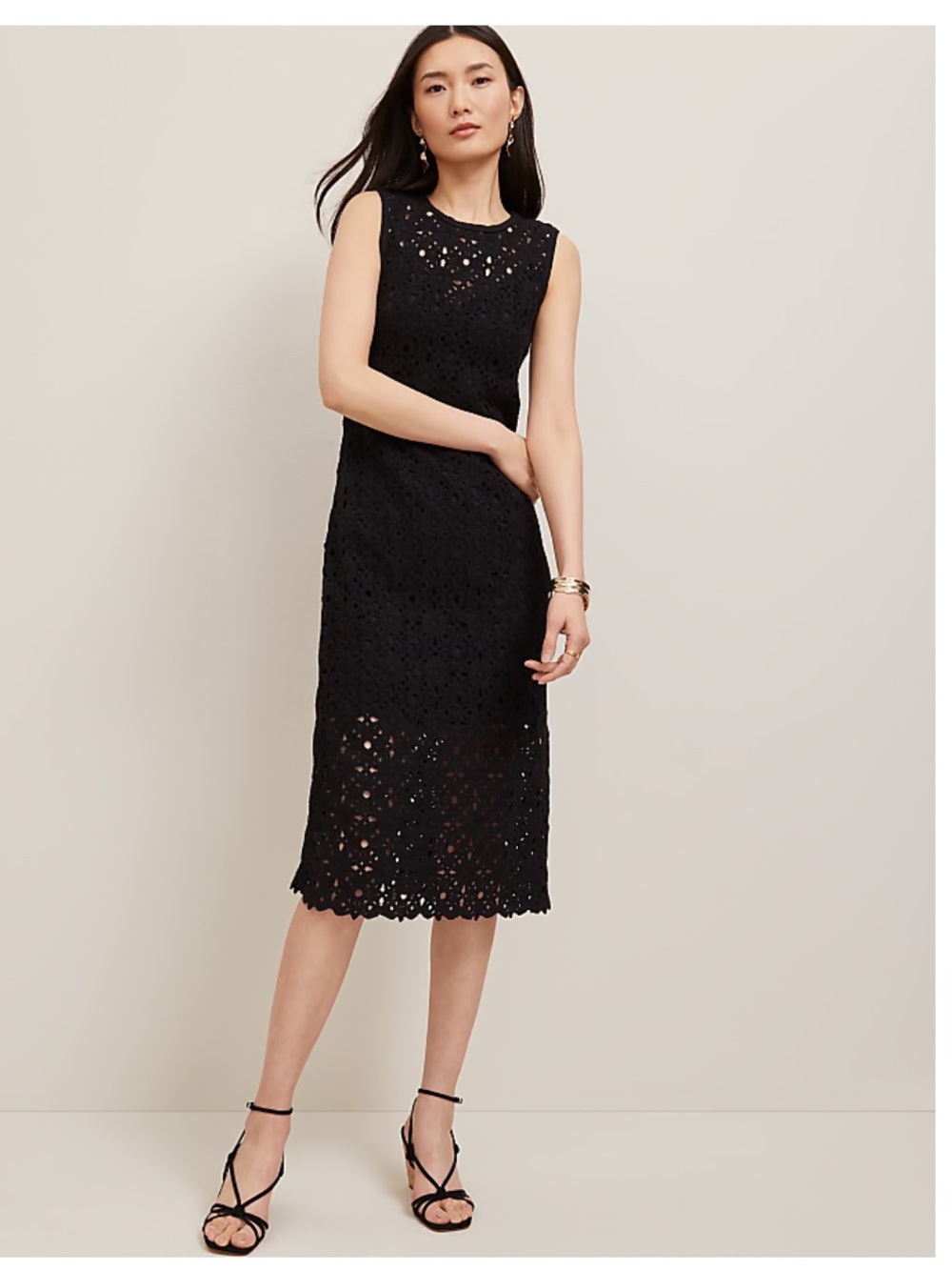 Ann Taylor Crochet Midi Sweater Dress Sleeveless Black Eyelet